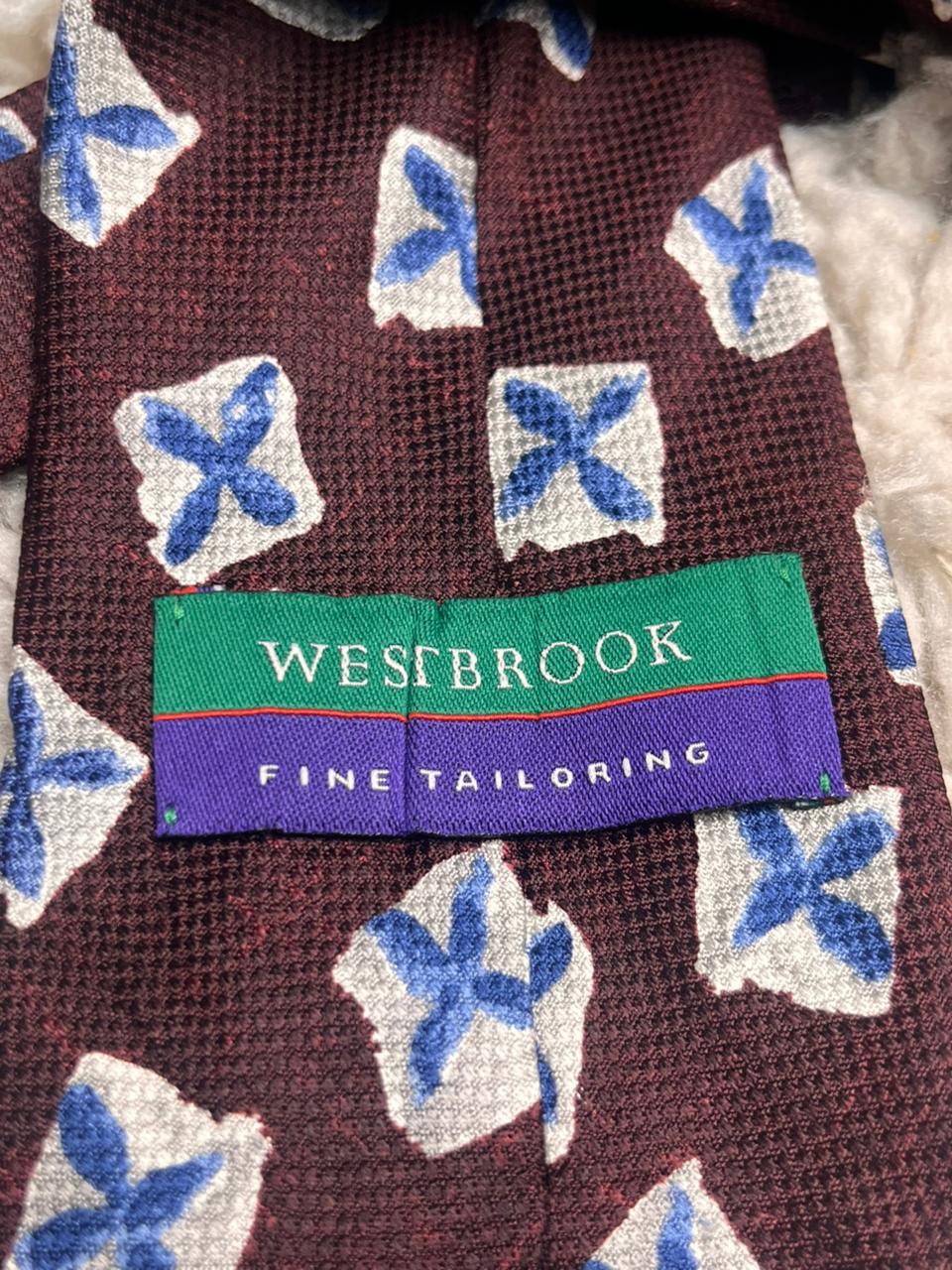 Westbrook Fine Tailoring Burgundy Blue Silver Diamond Floral 100% Silk Mens Tie