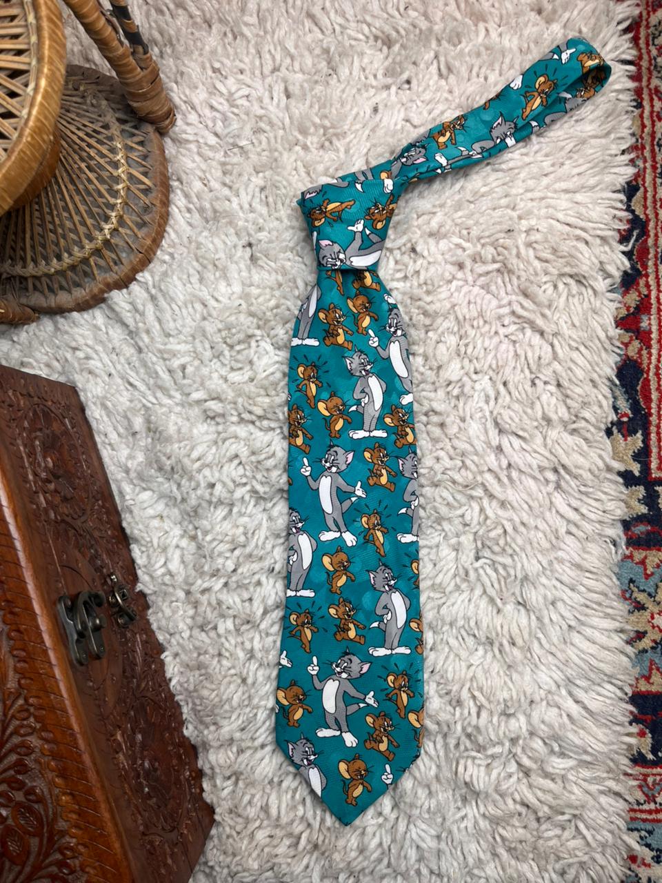 Vintage 1993 Tom & Jerry Cartoon Novelty Teal Silk Blend Tie Eichhorn & Feld