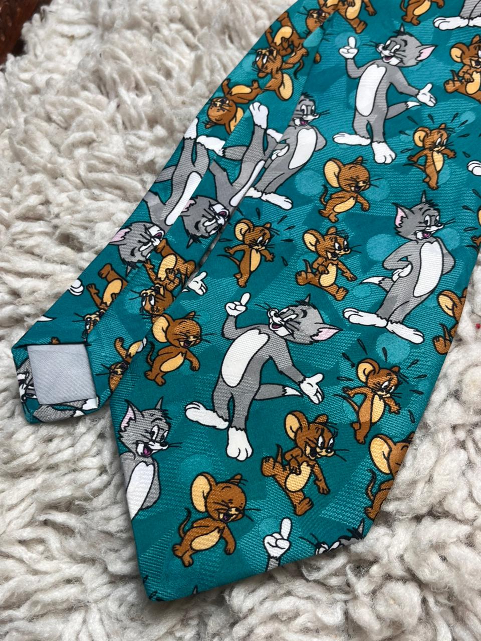 Vintage 1993 Tom & Jerry Cartoon Novelty Teal Silk Blend Tie Eichhorn & Feld