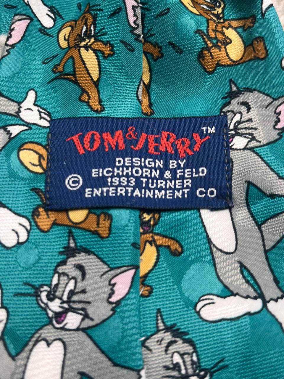 Vintage 1993 Tom & Jerry Cartoon Novelty Teal Silk Blend Tie Eichhorn & Feld