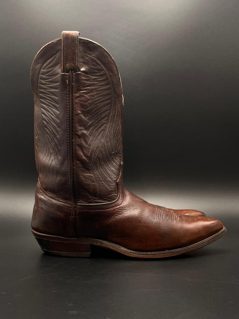 Vintage Western Cowboy Boots Brown Leather Pointed Toe Stitched