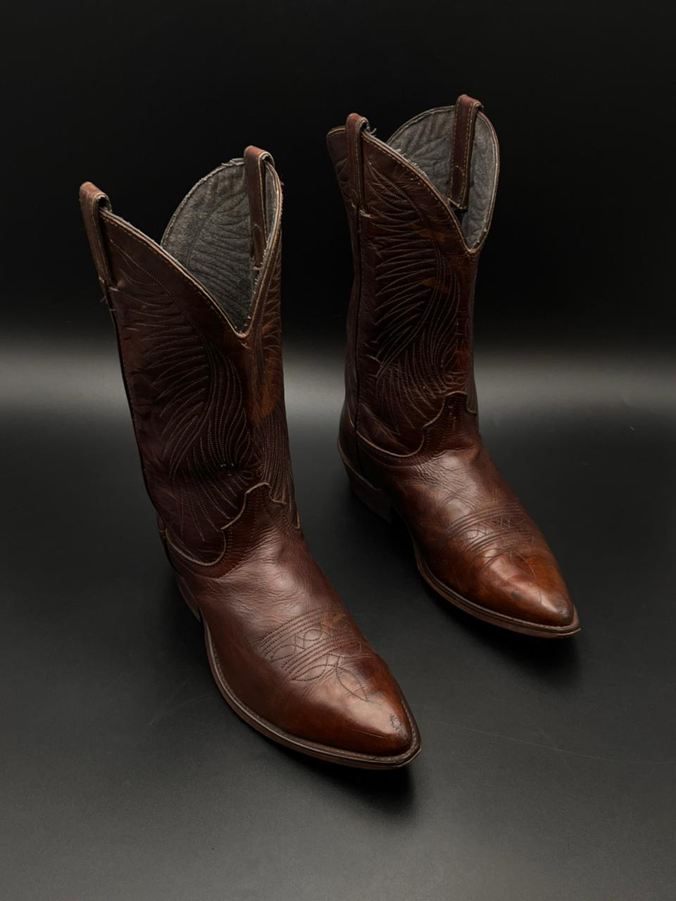 Vintage Western Cowboy Boots Brown Leather Pointed Toe Stitched