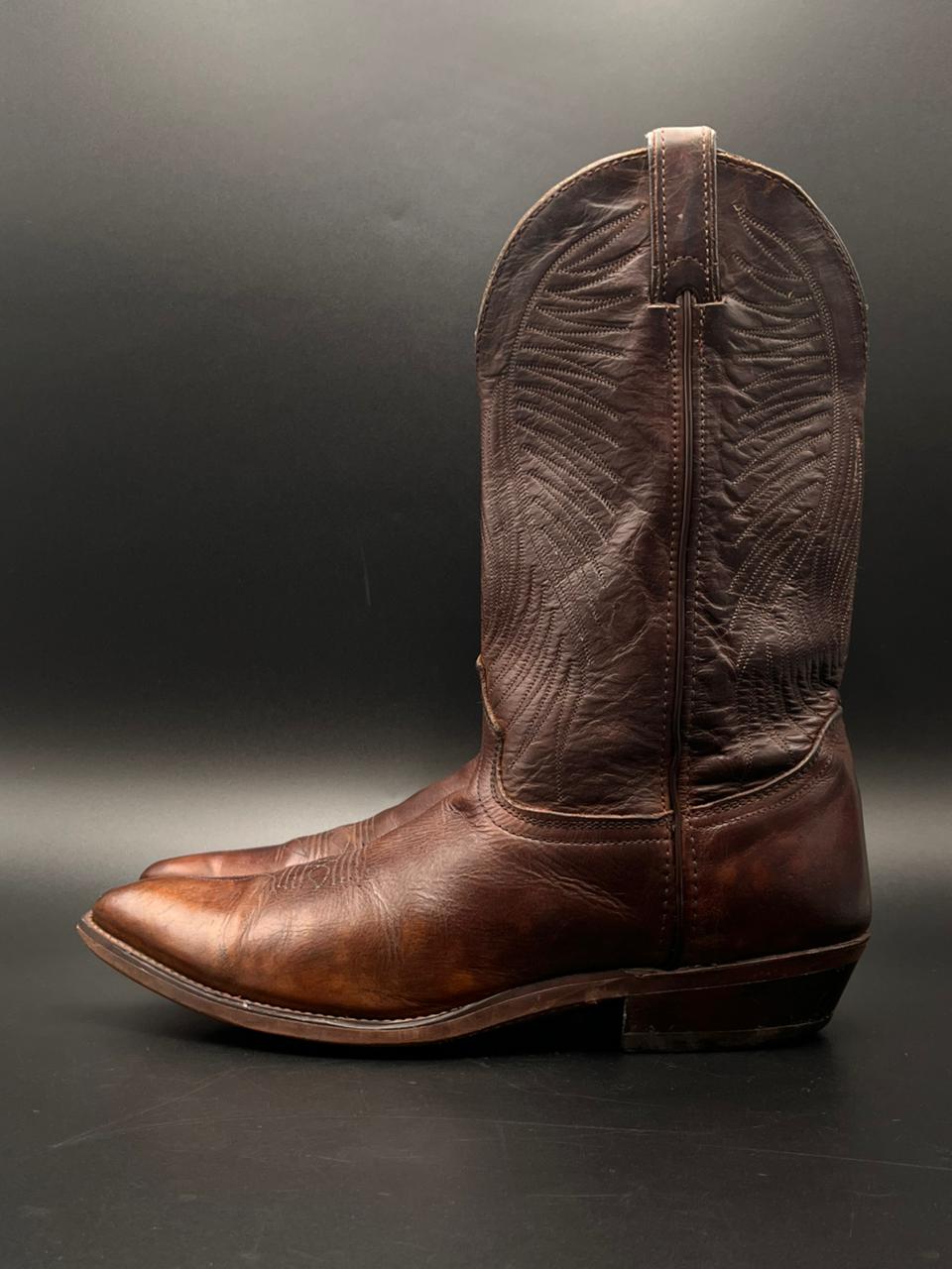 Vintage Western Cowboy Boots Brown Leather Pointed Toe Stitched