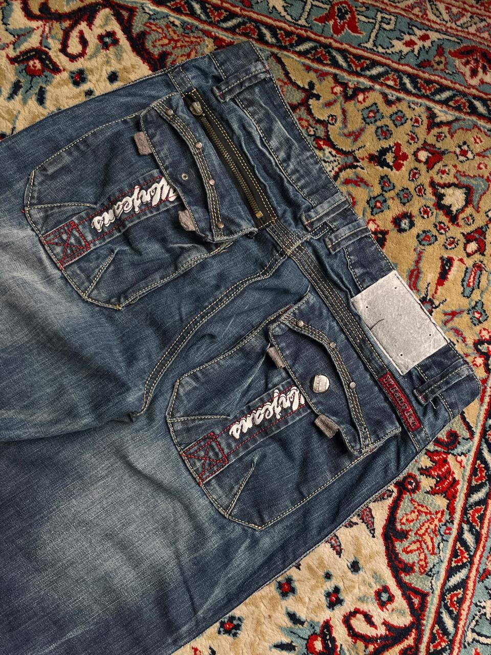 Y Bang Ren Biker Moto Washed Blue Jeans