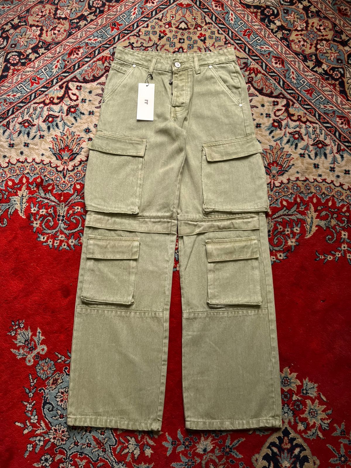 BoohooMAN Green Acid Wash Multi-Pocket RELAXED Cargos - 30