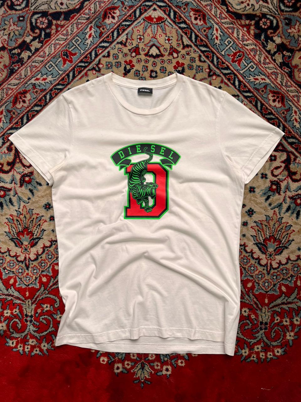 Diesel White Graphic Green Tiger Logo 100% Cotton TEE
