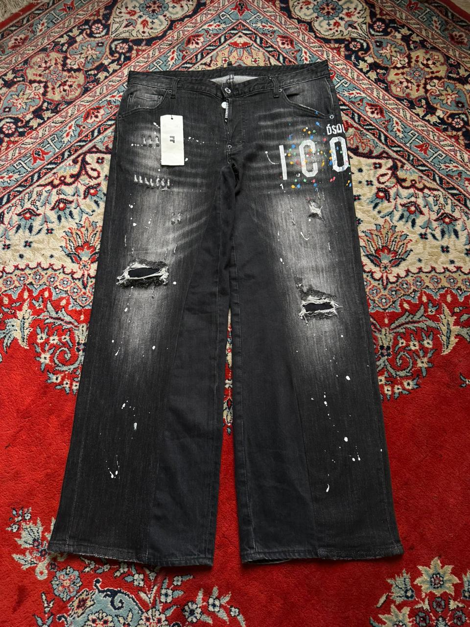 DSQUARED2 Black Distressed Paint Splatter Relaxed Fit CUSTOMIZED Graphic Jeans