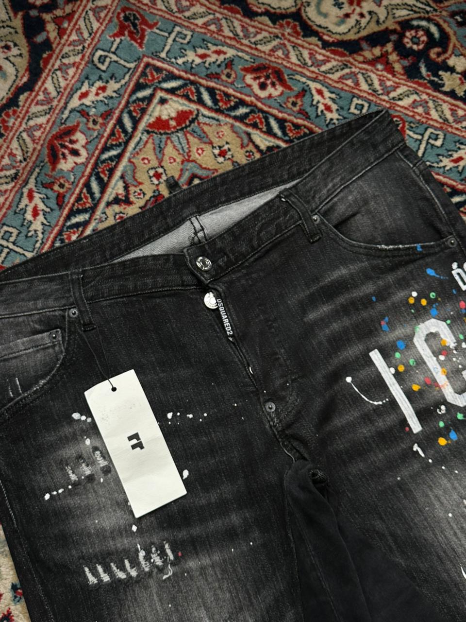 DSQUARED2 Black Distressed Paint Splatter Relaxed Fit CUSTOMIZED Graphic Jeans