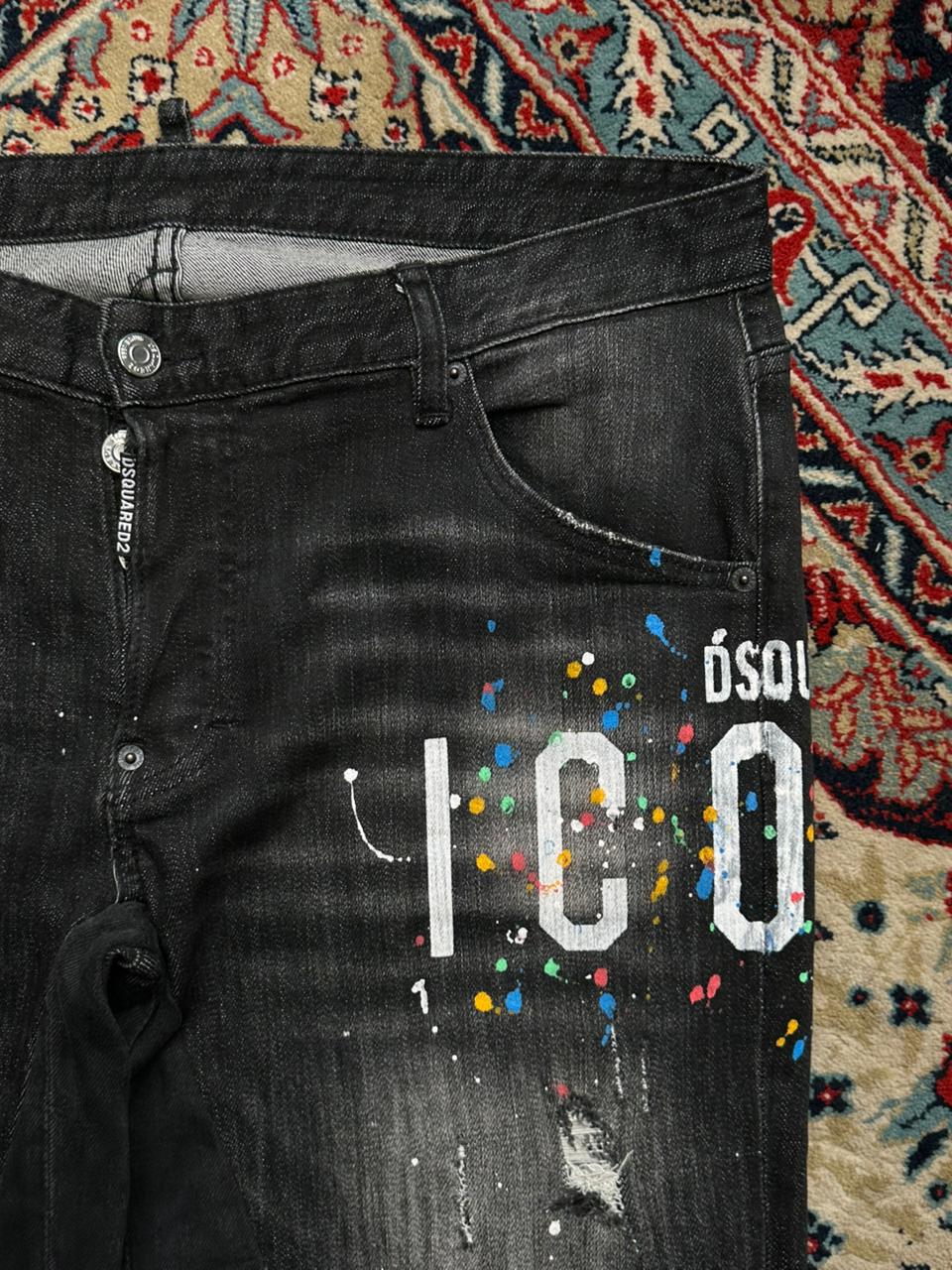 DSQUARED2 Black Distressed Paint Splatter Relaxed Fit CUSTOMIZED Graphic Jeans