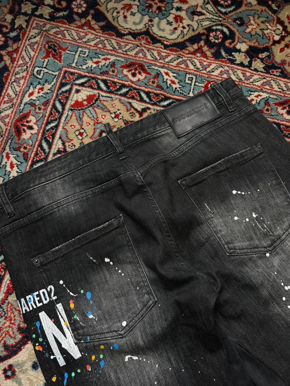 DSQUARED2 Black Distressed Paint Splatter Relaxed Fit CUSTOMIZED Graphic Jeans