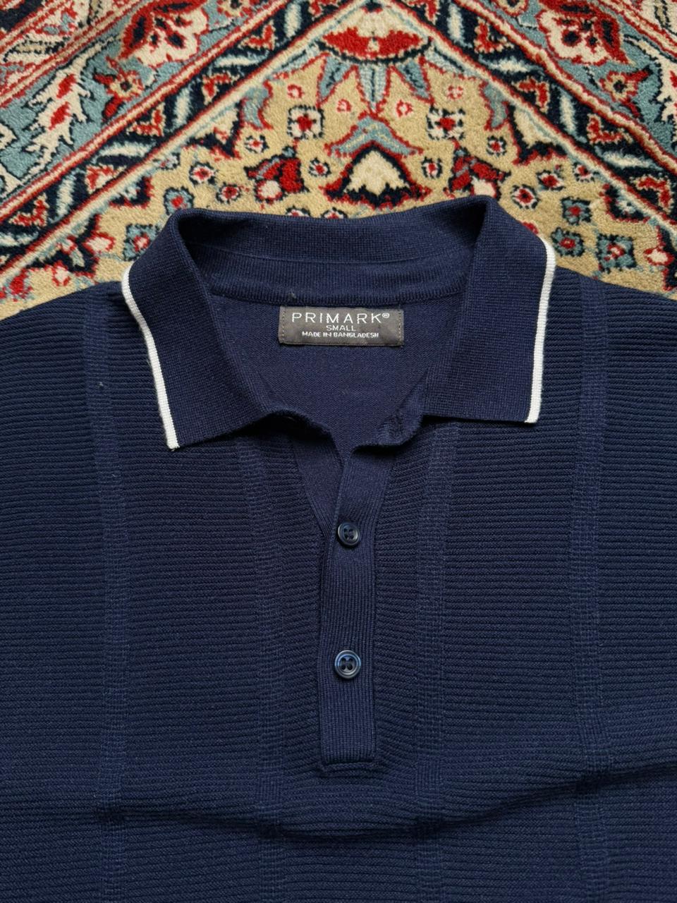 PRIMARK Navy Blue White Tipped Ribbed Knit Polo TEE