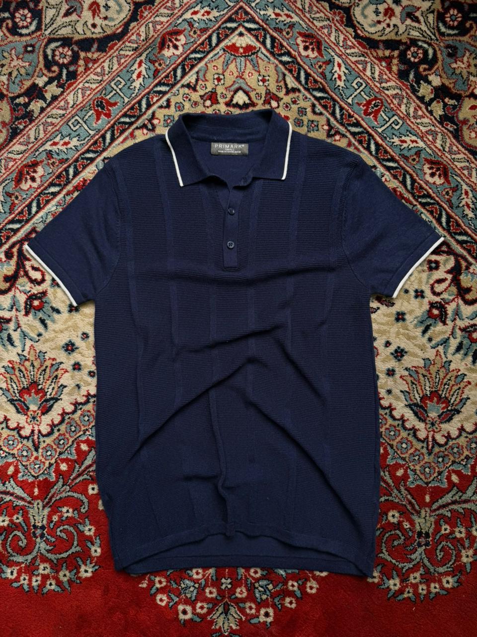 PRIMARK Navy Blue White Tipped Ribbed Knit Polo TEE