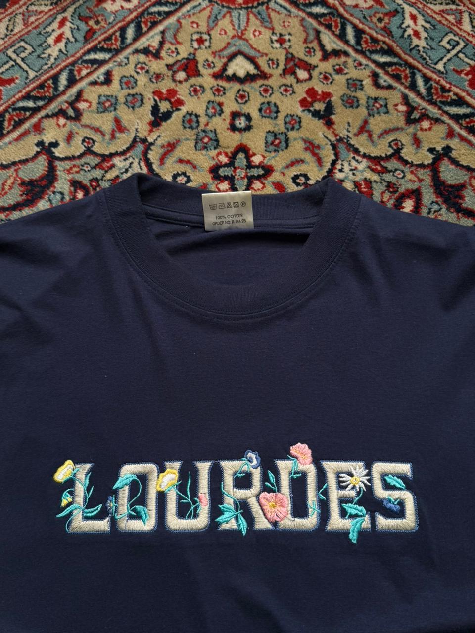 JAMIKO Lourdes Embroidered Floral Spellout Navy Blue Cotton TEE