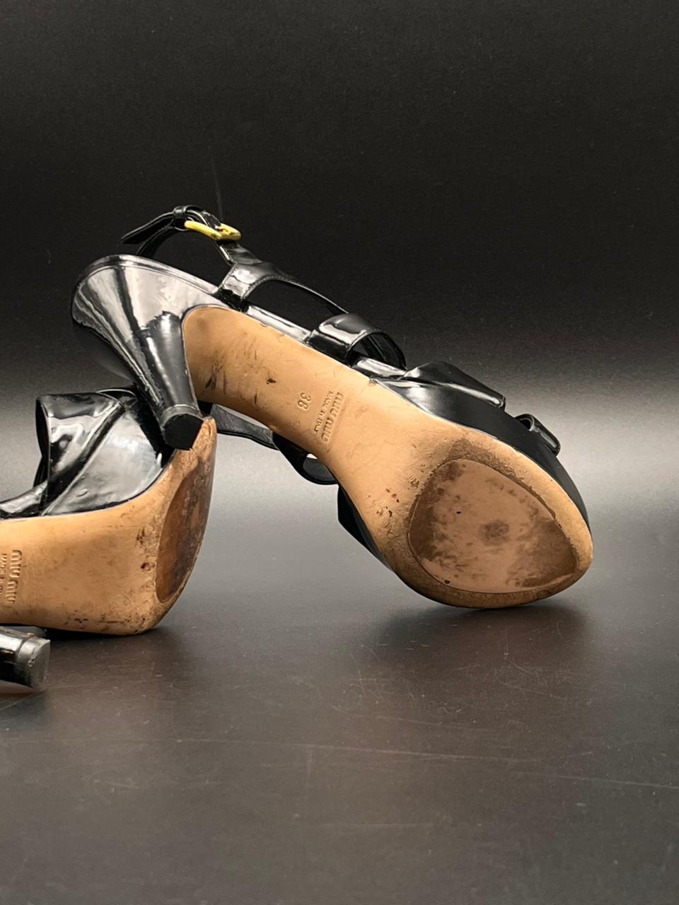 Miu Miu Italy Black Patent Leather Strappy heels