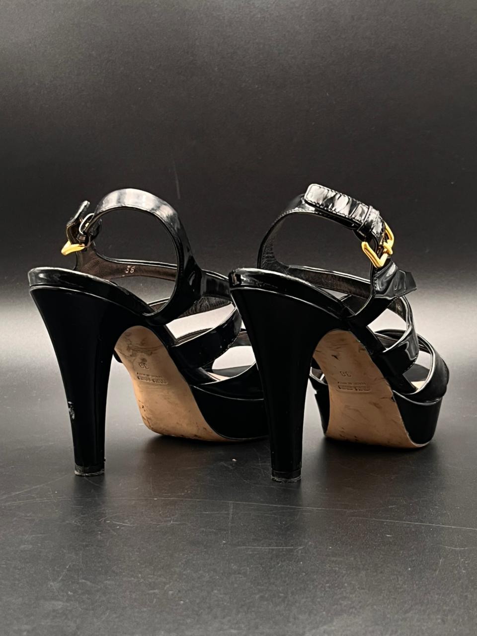 Miu Miu Italy Black Patent Leather Strappy heels