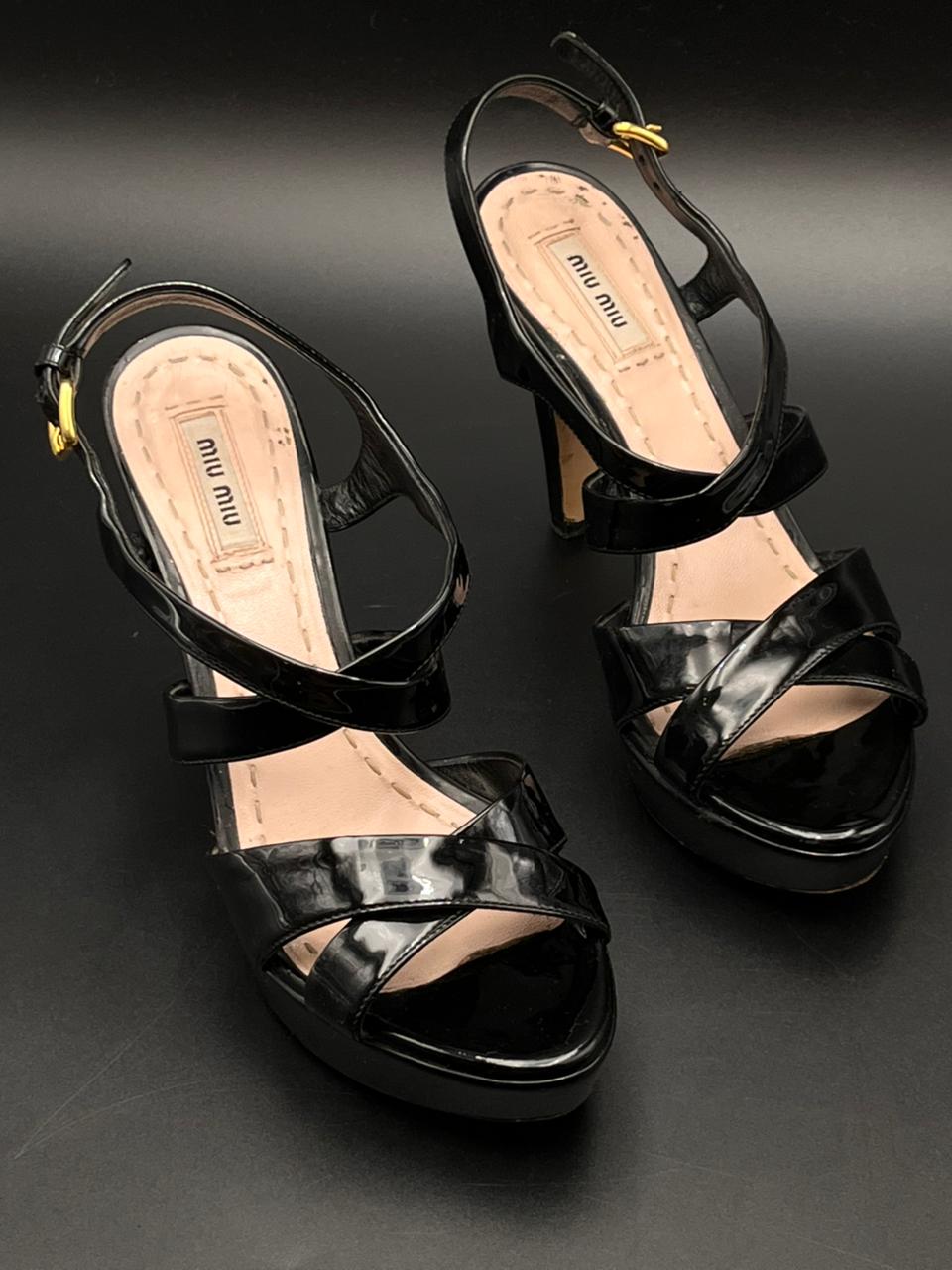 Miu Miu Italy Black Patent Leather Strappy heels