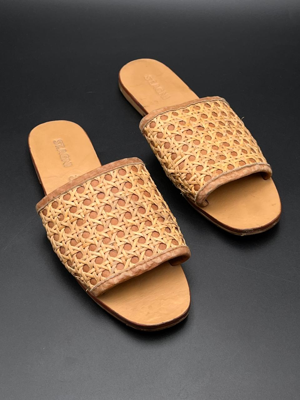 St. Agni Hand Woven Rattan Leather Beige Sandals