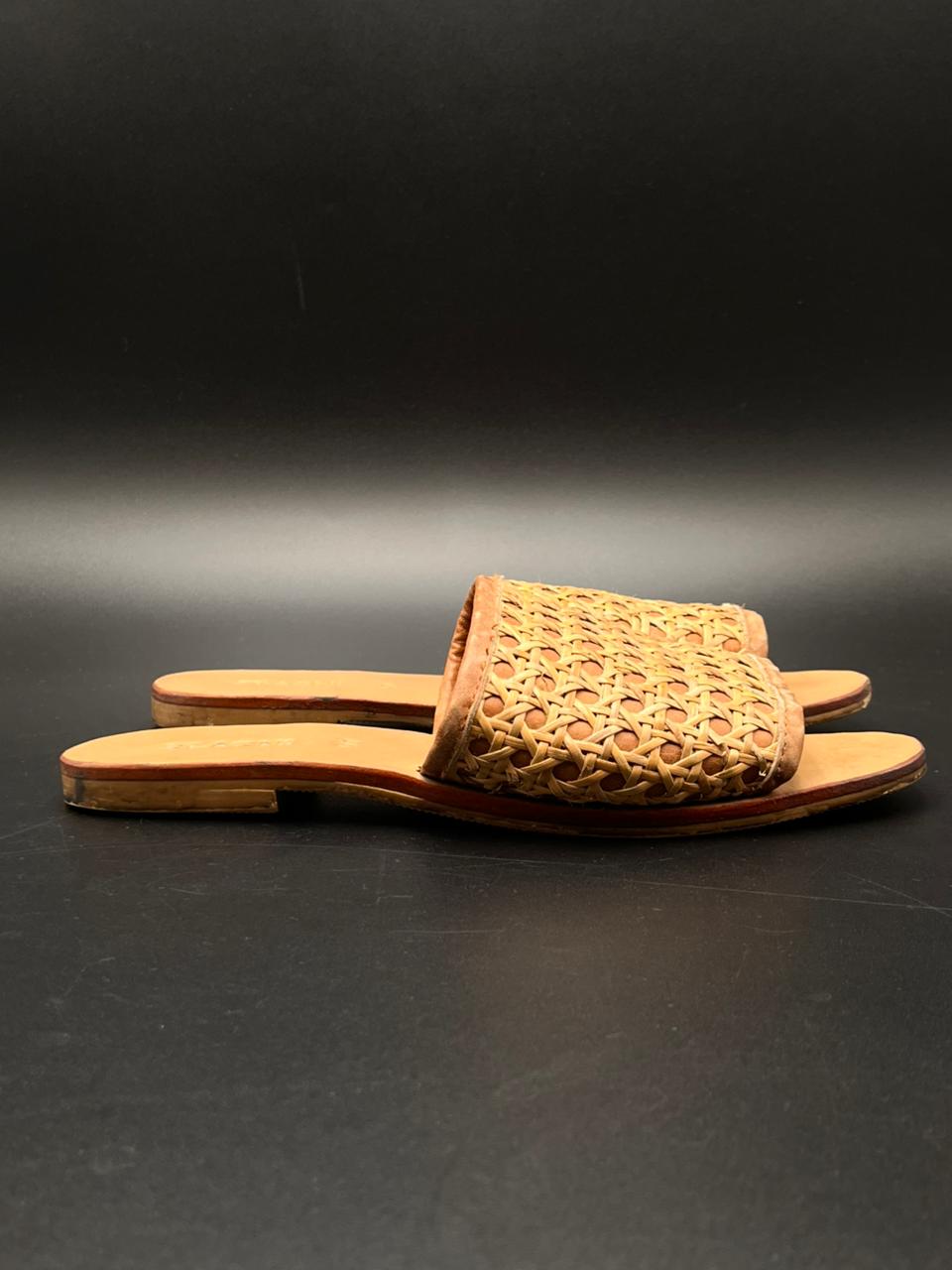 St. Agni Hand Woven Rattan Leather Beige Sandals