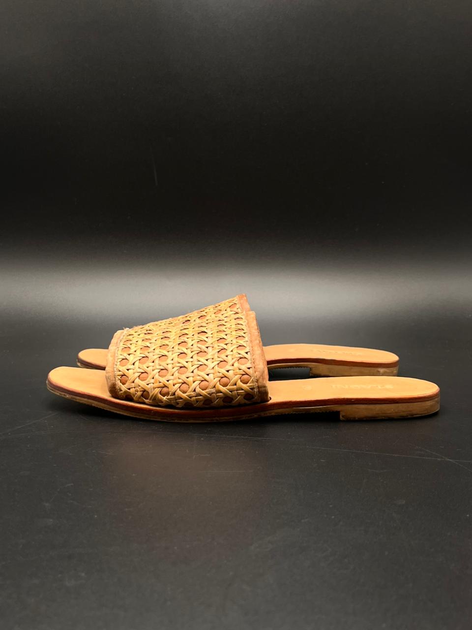 St. Agni Hand Woven Rattan Leather Beige Sandals