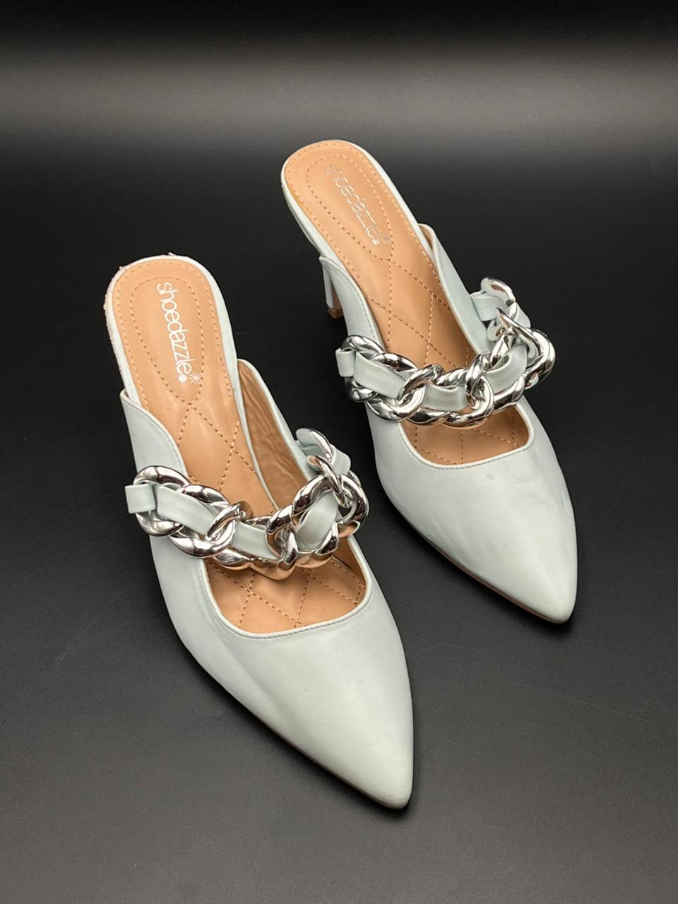 Shoedazzle Keelie Mint Light Blue Chain Link Pointed Toe Heels
