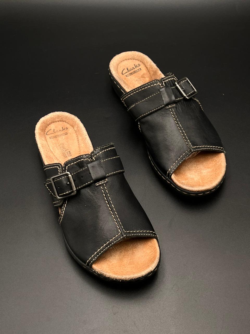 Clarks Black Leather Buckle Comfort Sandals