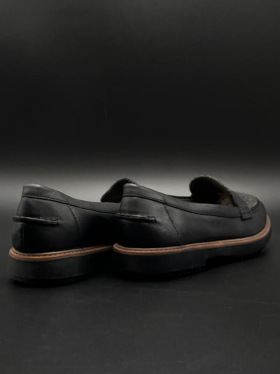 Clarks Black Leather Tweed Penny Loafers
