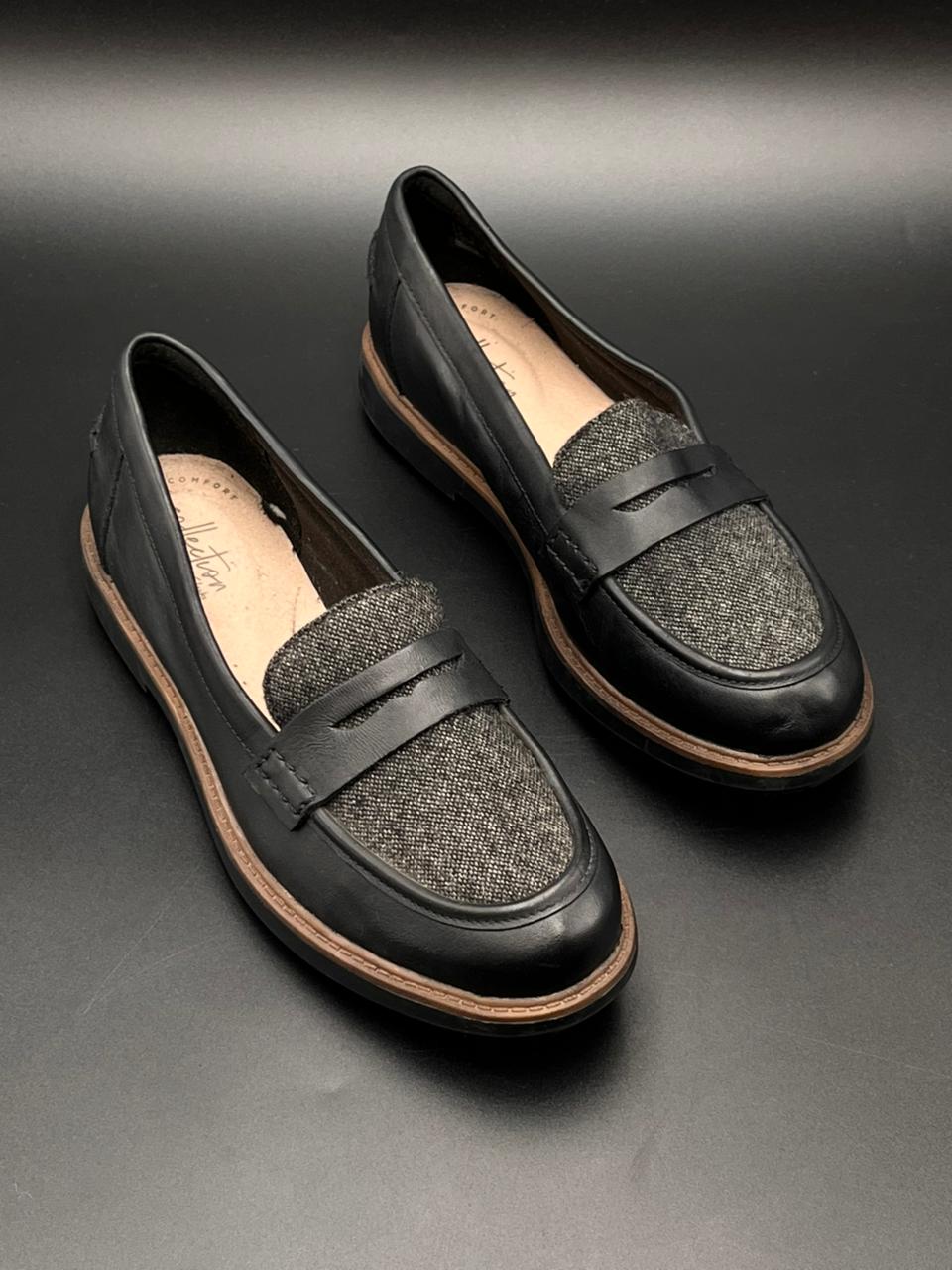 Clarks Black Leather Tweed Penny Loafers