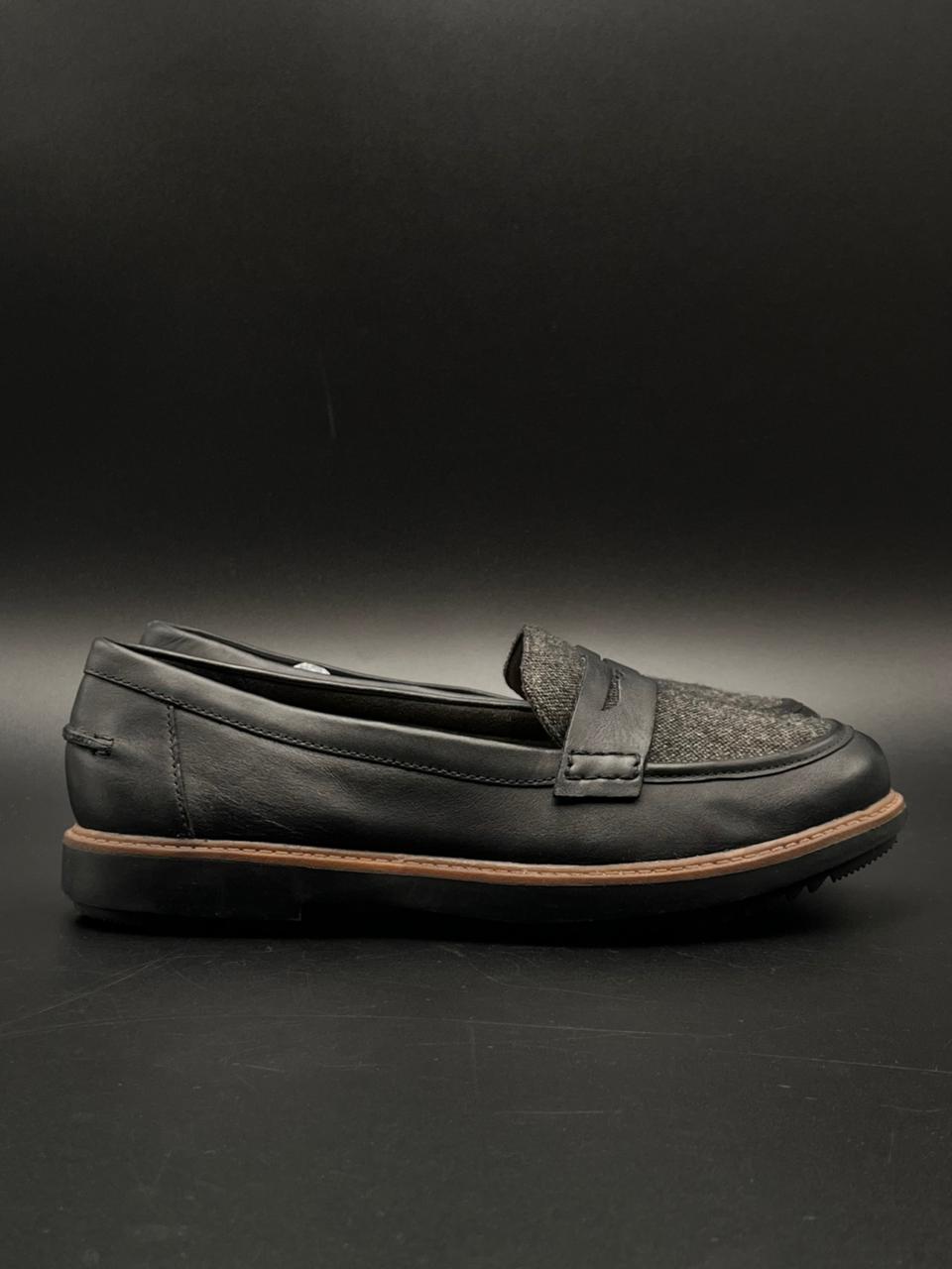 Clarks Black Leather Tweed Penny Loafers