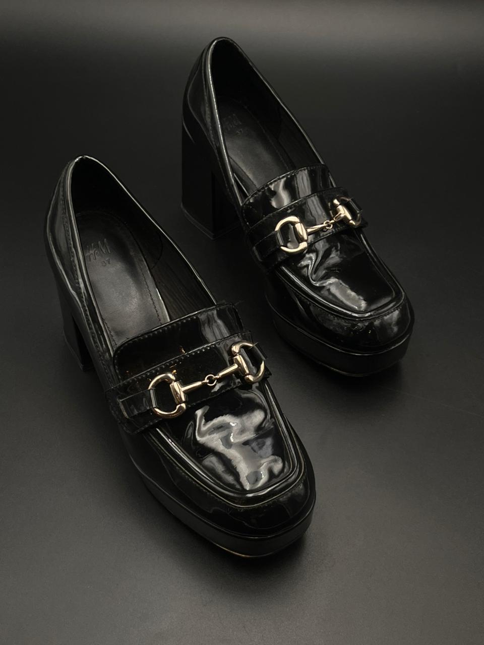 H&M Black Patent Leather Chunky Heel