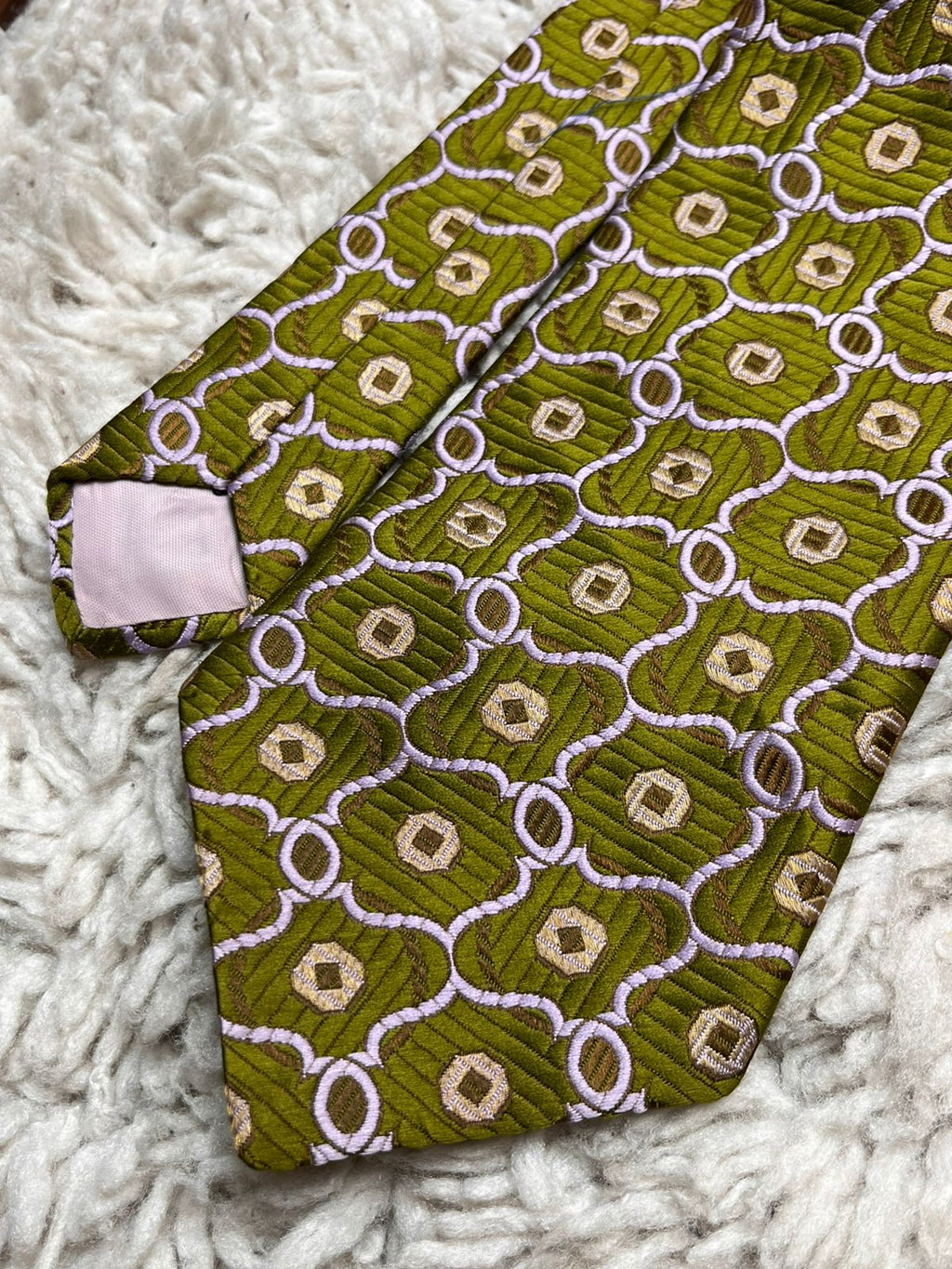 Jewel Welch Margetson Scotland Green Lavender Geometric Pattern TIE