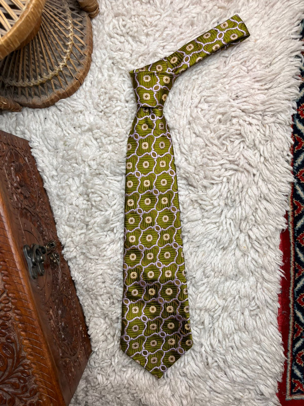 Jewel Welch Margetson Scotland Green Lavender Geometric Pattern TIE