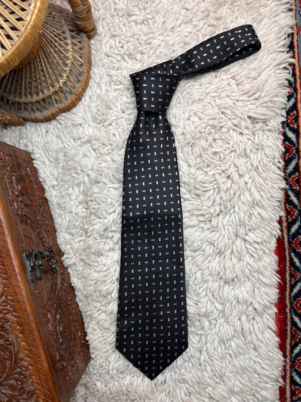 Cedarwood State Black Silver Dashed Rectangular Geometric TIE