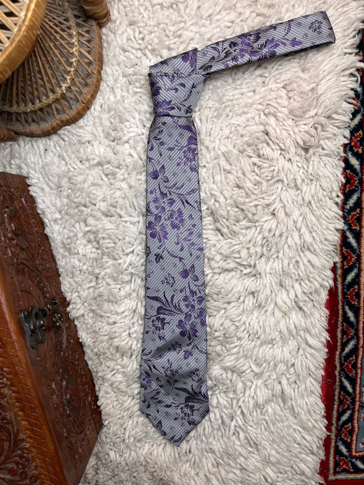 Taylor & Wright Silver & Purple Floral Pattern Formal Neck Tie