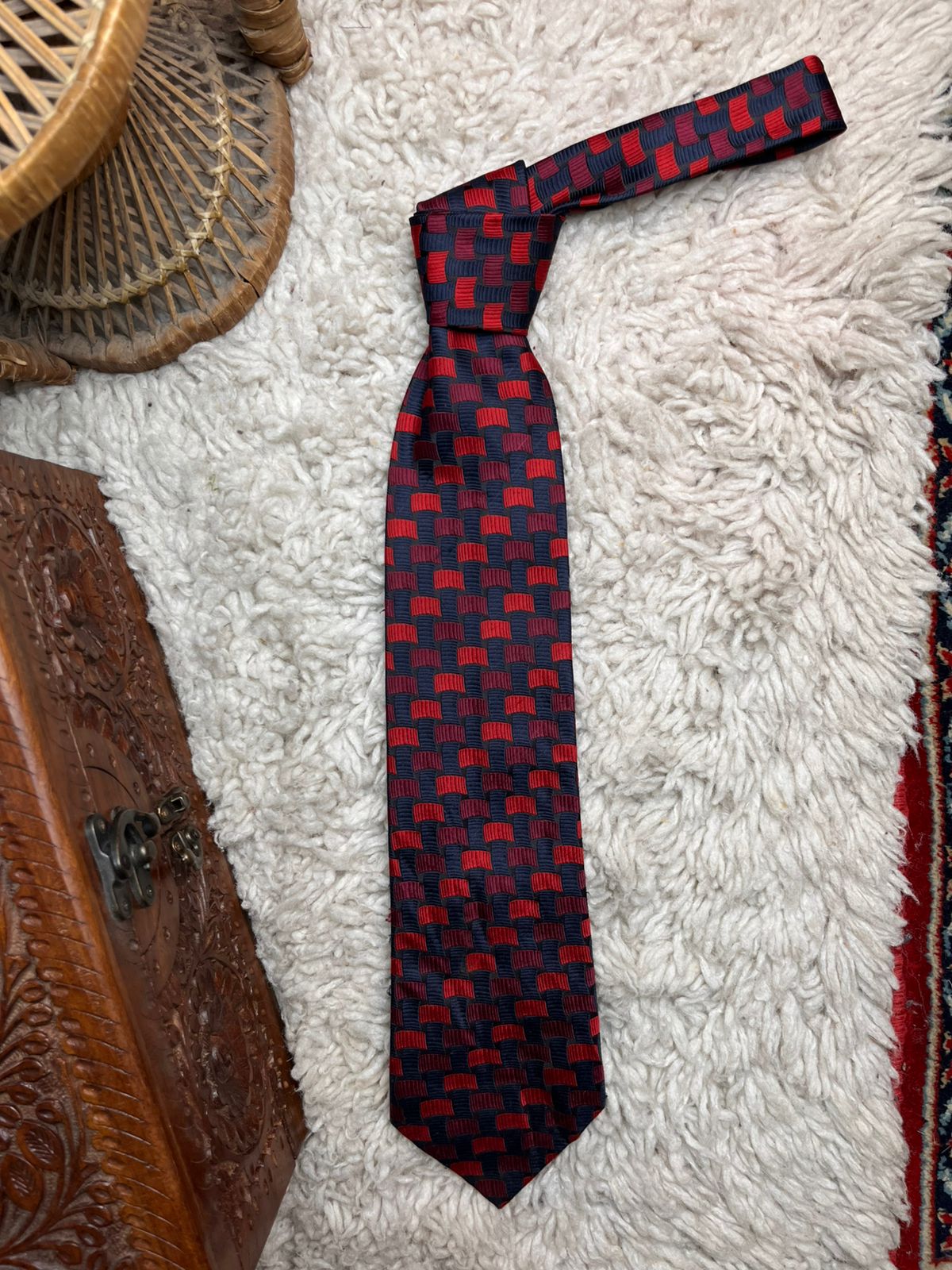Vintage St Michael Marks & Spencer Red & Navy Geometric Weave TIE