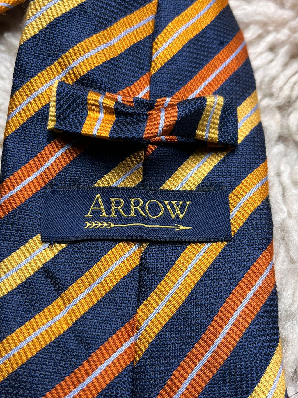 Arrow Navy Blue Gold & Orange Diagonal Striped 100% Silk TIE