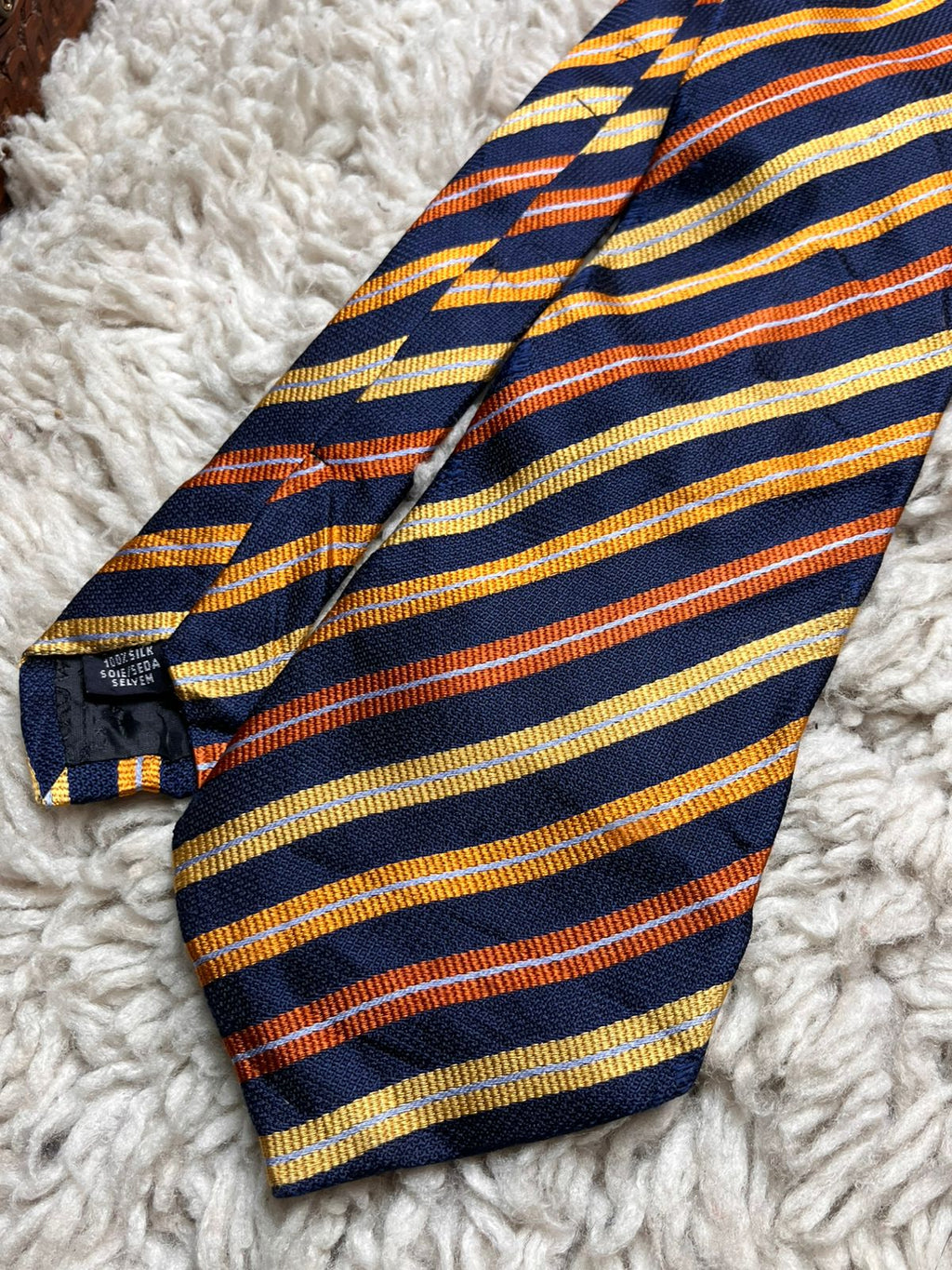 Arrow Navy Blue Gold & Orange Diagonal Striped 100% Silk TIE
