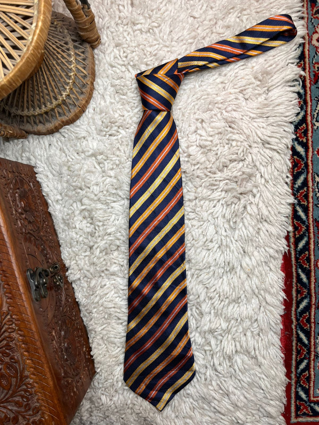 Arrow Navy Blue Gold & Orange Diagonal Striped 100% Silk TIE