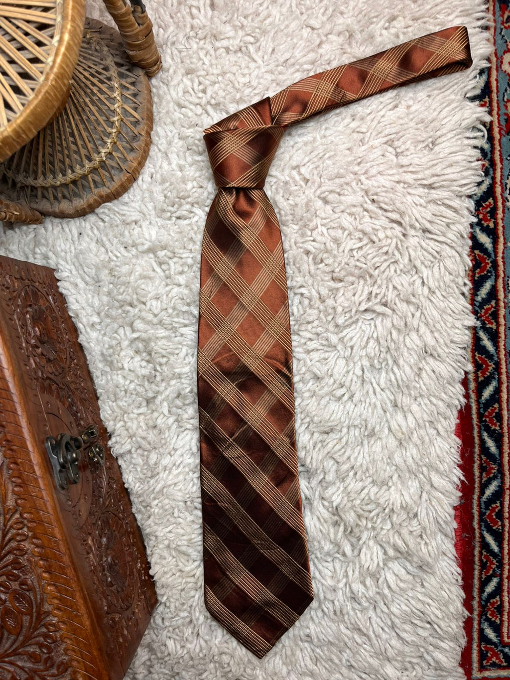 Ital Seta Rust Brown Plaid Check Textured TIE