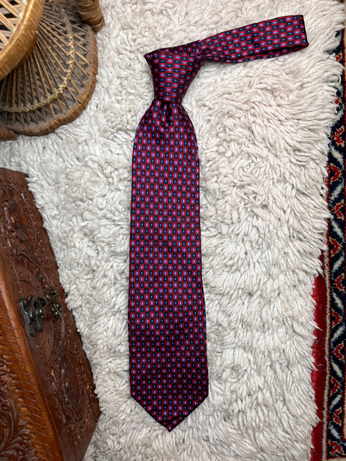Florence + Fred Red Blue Geometric Square Pattern TIE