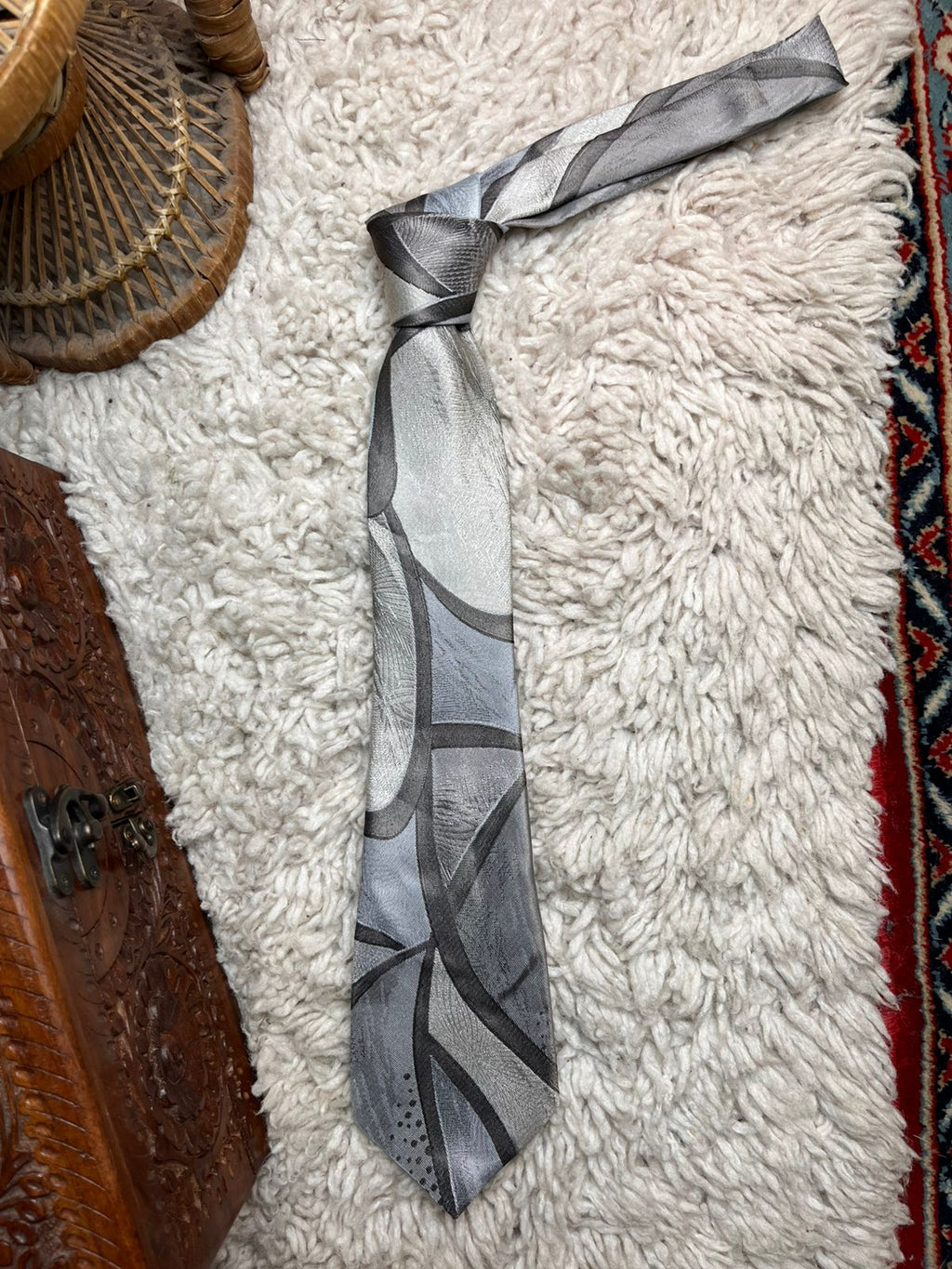 Rael Brook Vintage Silver Grey Abstract Geometric Pattern TIE