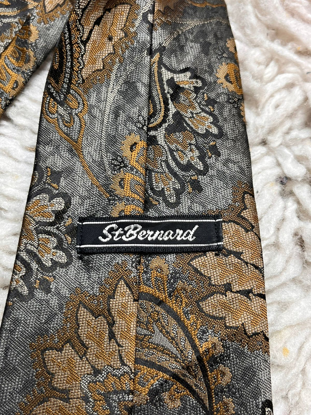 St. Bernard Gray Gold Ornate Floral Paisley Jacquard Woven TIE