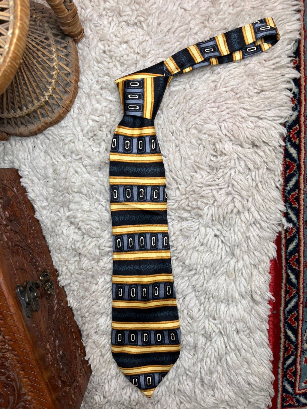 Vintage Geometric Abstract Striped Gold Black & Grey TIE