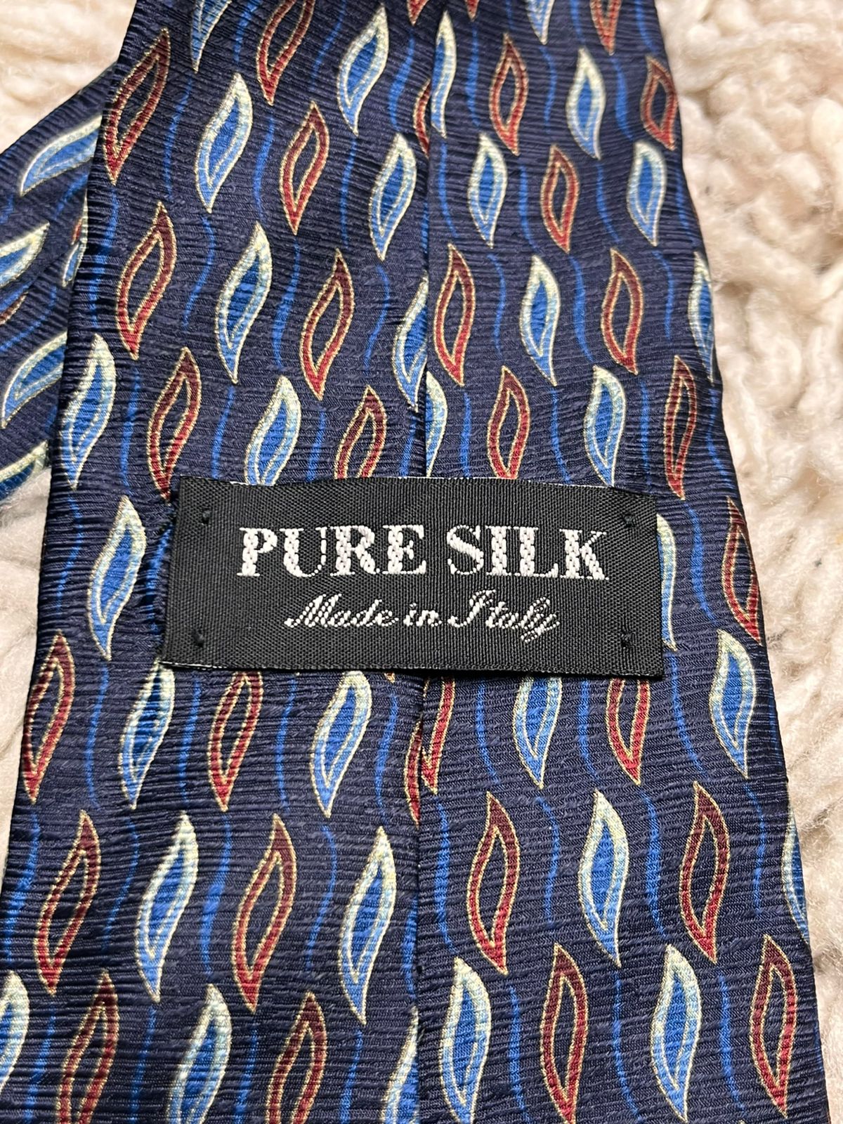 Vintage Pure Silk Navy Blue Red Geometric Abstract Flame Pattern TIE