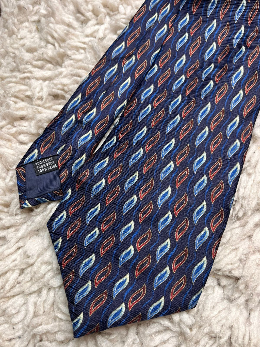 Vintage Pure Silk Navy Blue Red Geometric Abstract Flame Pattern TIE