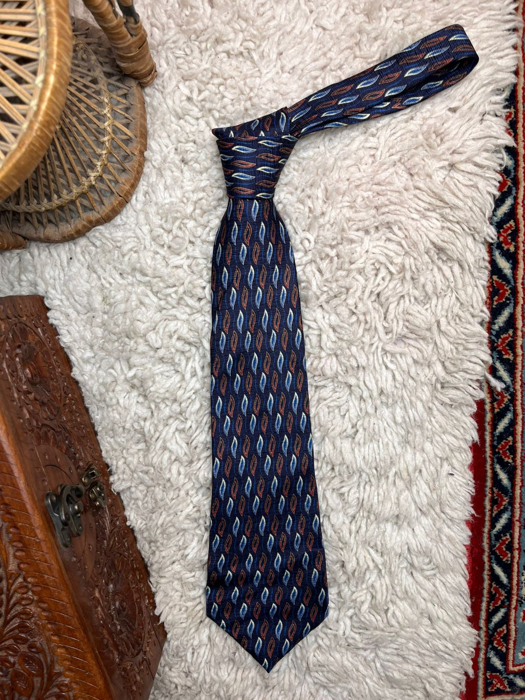 Vintage Pure Silk Navy Blue Red Geometric Abstract Flame Pattern TIE