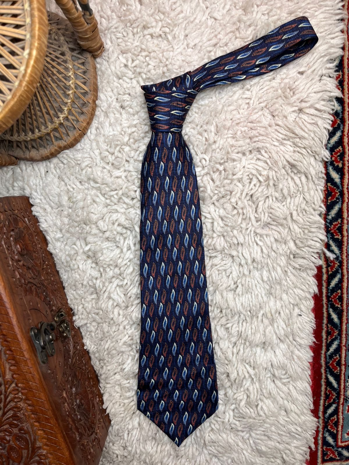 Vintage Pure Silk Navy Blue Red Geometric Abstract Flame Pattern TIE