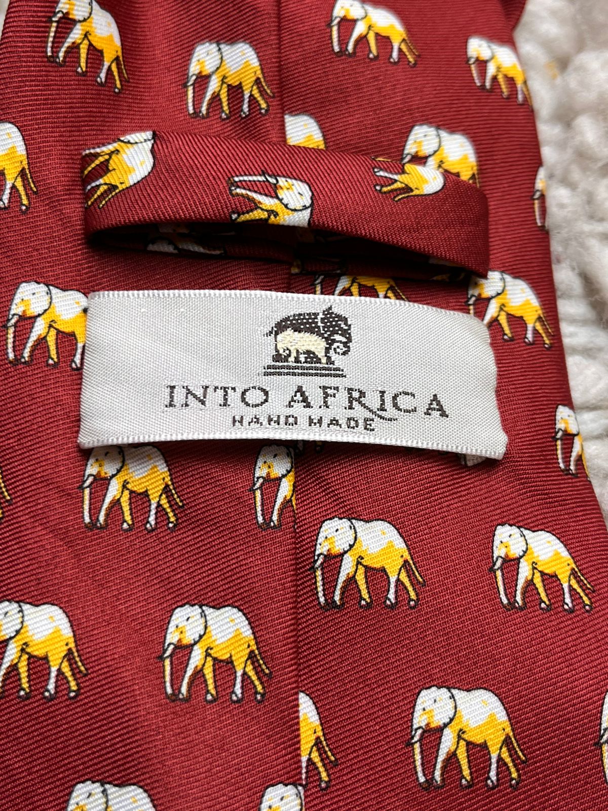 Into Africa Handmade Burgundy Red Elephant Animal Print Polyester Neck Tie
