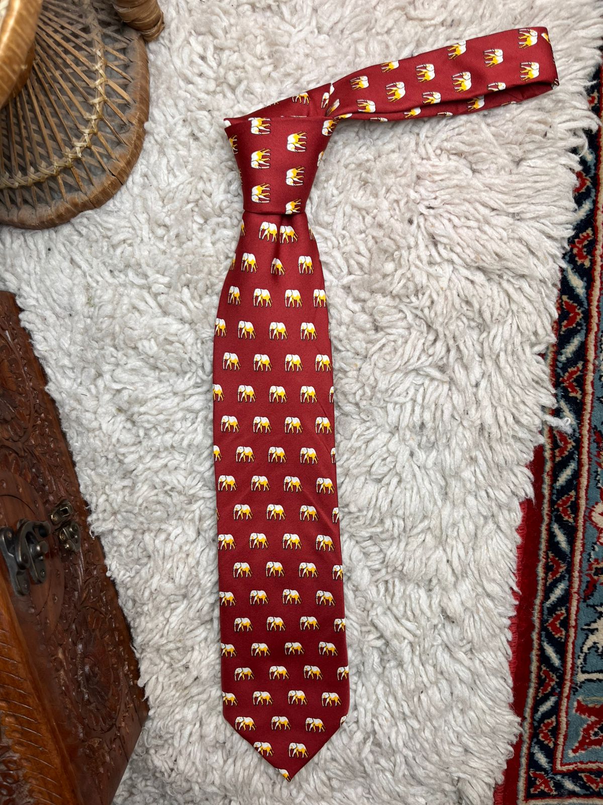 Into Africa Handmade Burgundy Red Elephant Animal Print Polyester Neck Tie