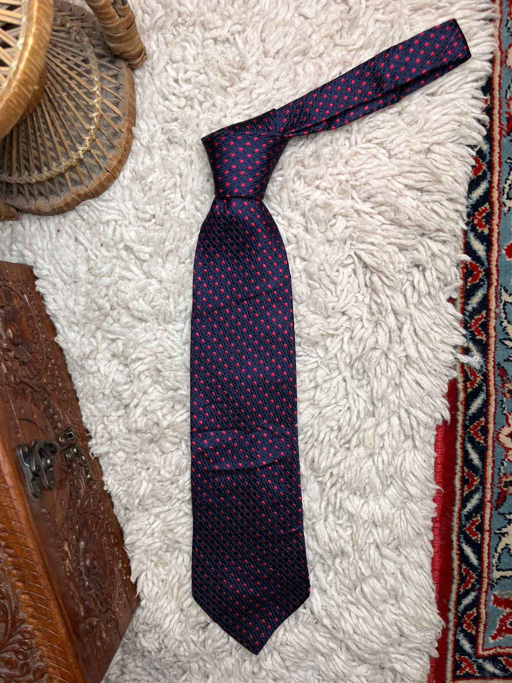 Derby Navy Blue Red Polka Dot Textured Weave TIE