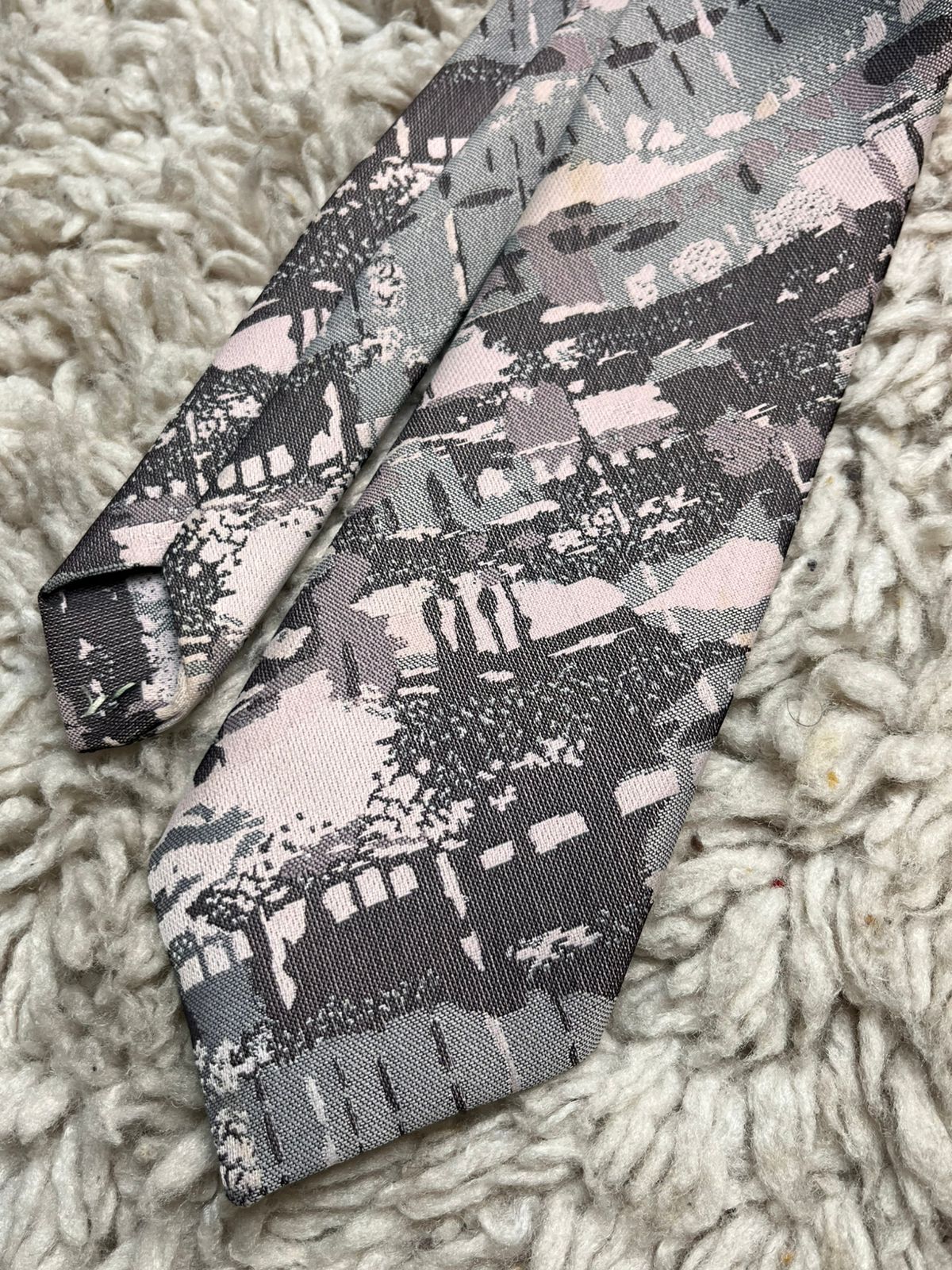 Vintage Abstract Textured Geometric Pattern Grey Pink & Charcoal TIE